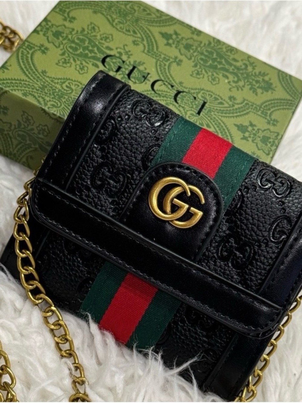 GG Black GG Marmont Mini Chain Wallet with Red-Green Web